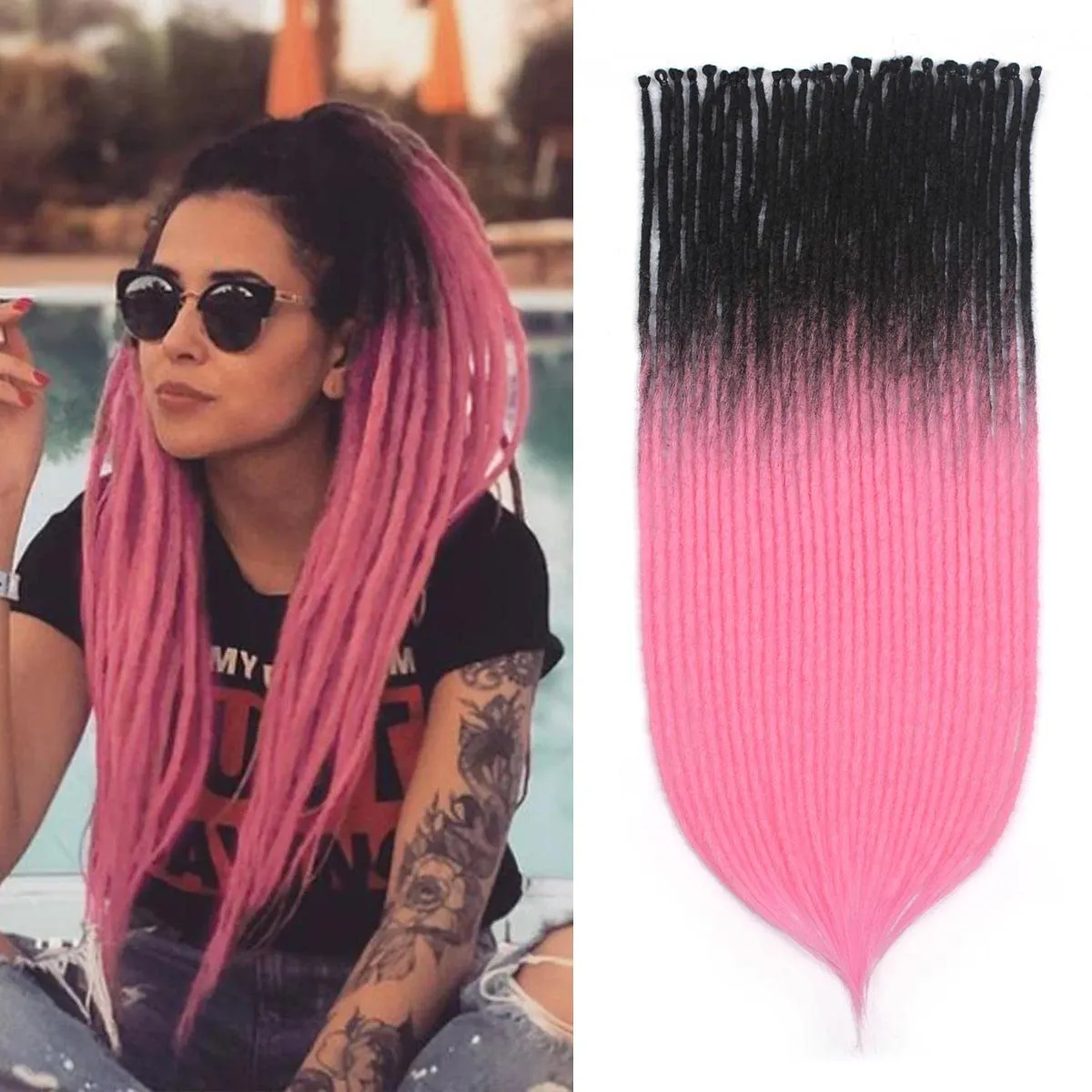 24 inch 30 pcs Ombre Bright Pink Dreadlock Extensions, Single Ended Thin 0.6cm Dreads Extensions, Synthetic Dreadlock Extensions Reggae Hippie Crochet Dreads for Women