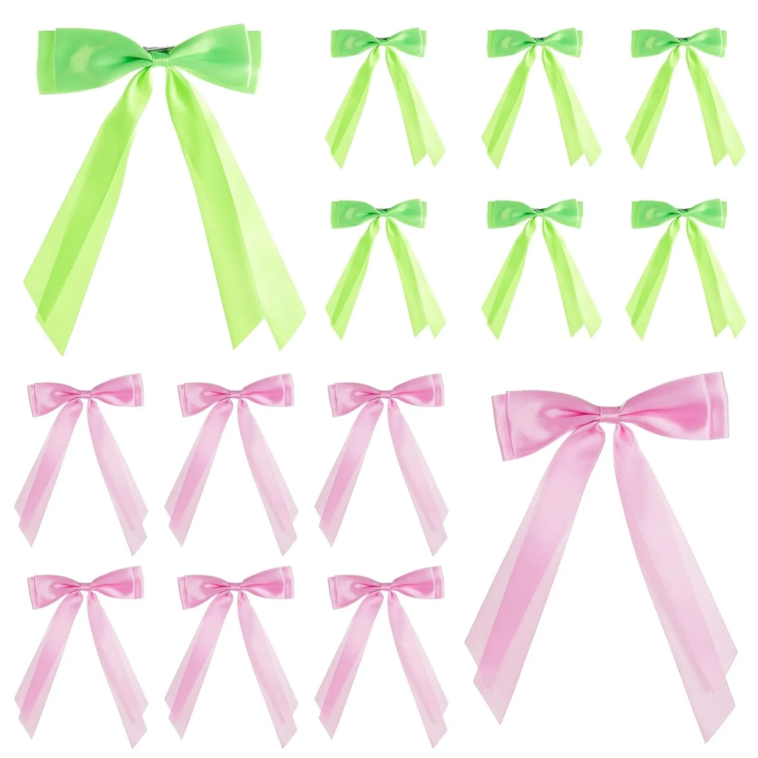 24 Pcs Hair Bows Clips Bulk with Long Tail Pink and Green Bow Knot Hair Ribbon Ponytail Holder Accessories Metal Slides Clips Alligator Barrettes for Women Gifts