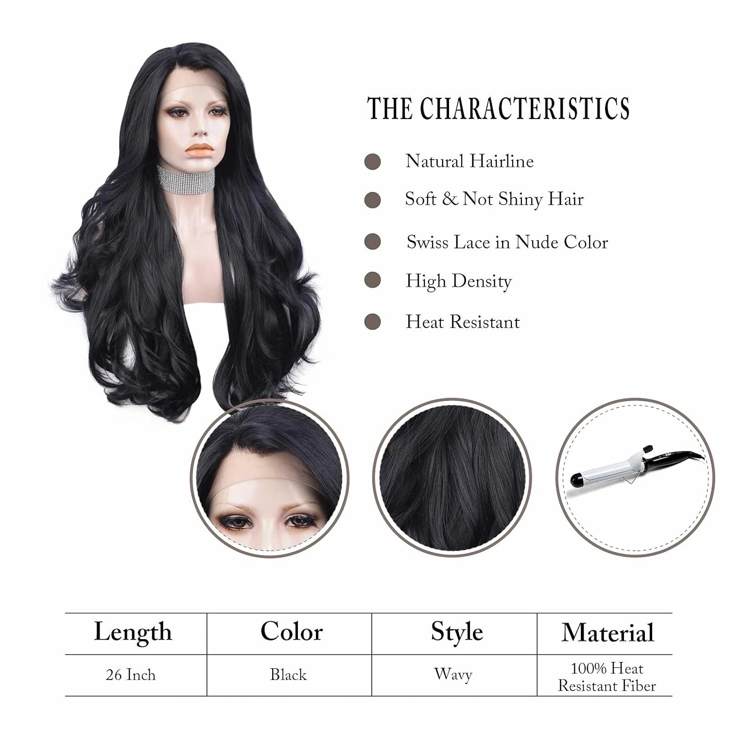 26 Inches Black Lace Front Wig Natural Long Wavy Synthetic Hair Wig for Cosplay Party Halloween (black)