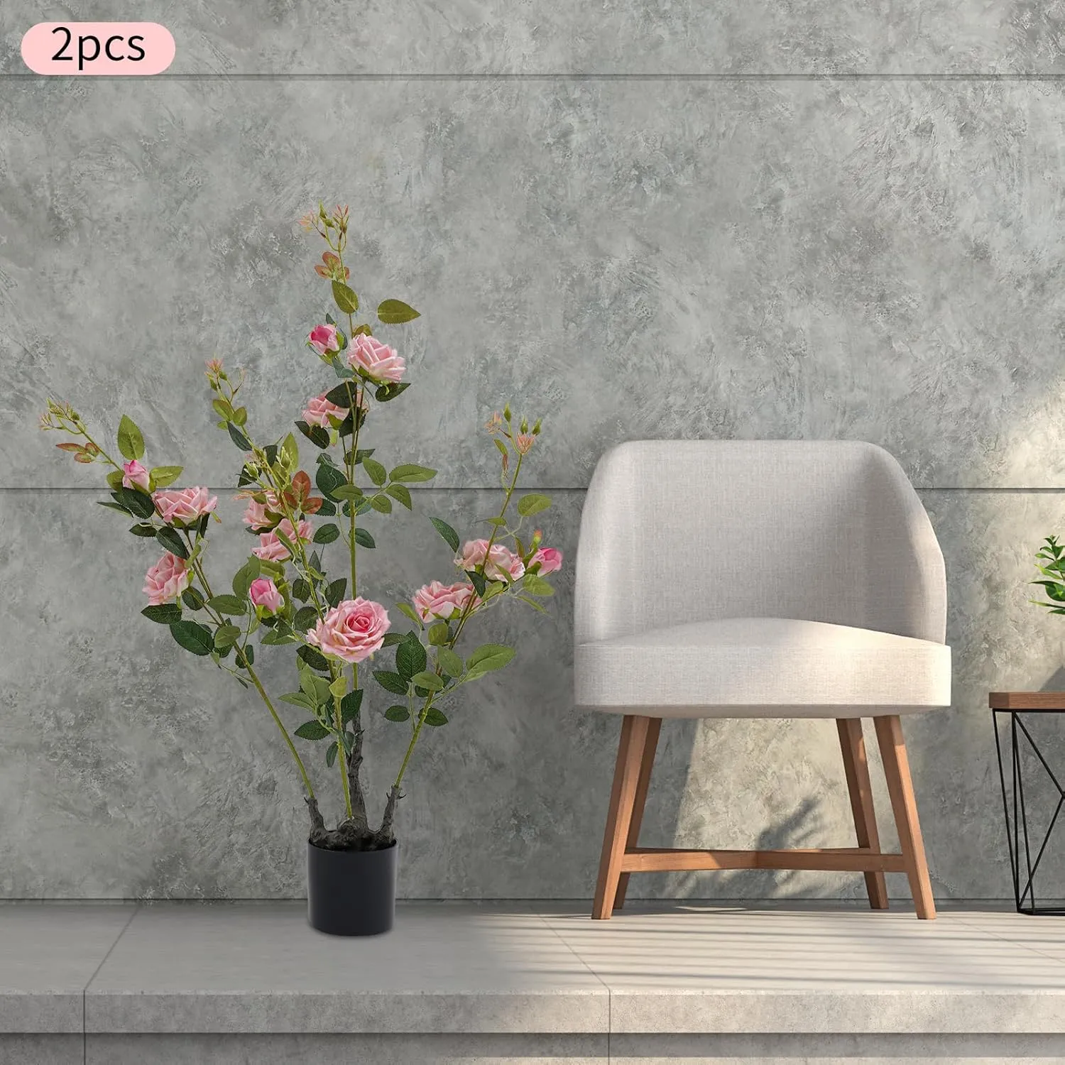 2Pcs Artificial Rose Tree, 35.4 Inch Artificial Outdoor Trees No Maintenance Silk Fabric Faux Indoor Tree with Pink Flowers & Green Leaves for Home Indoor Outdoor Office Modern Decor - Pink