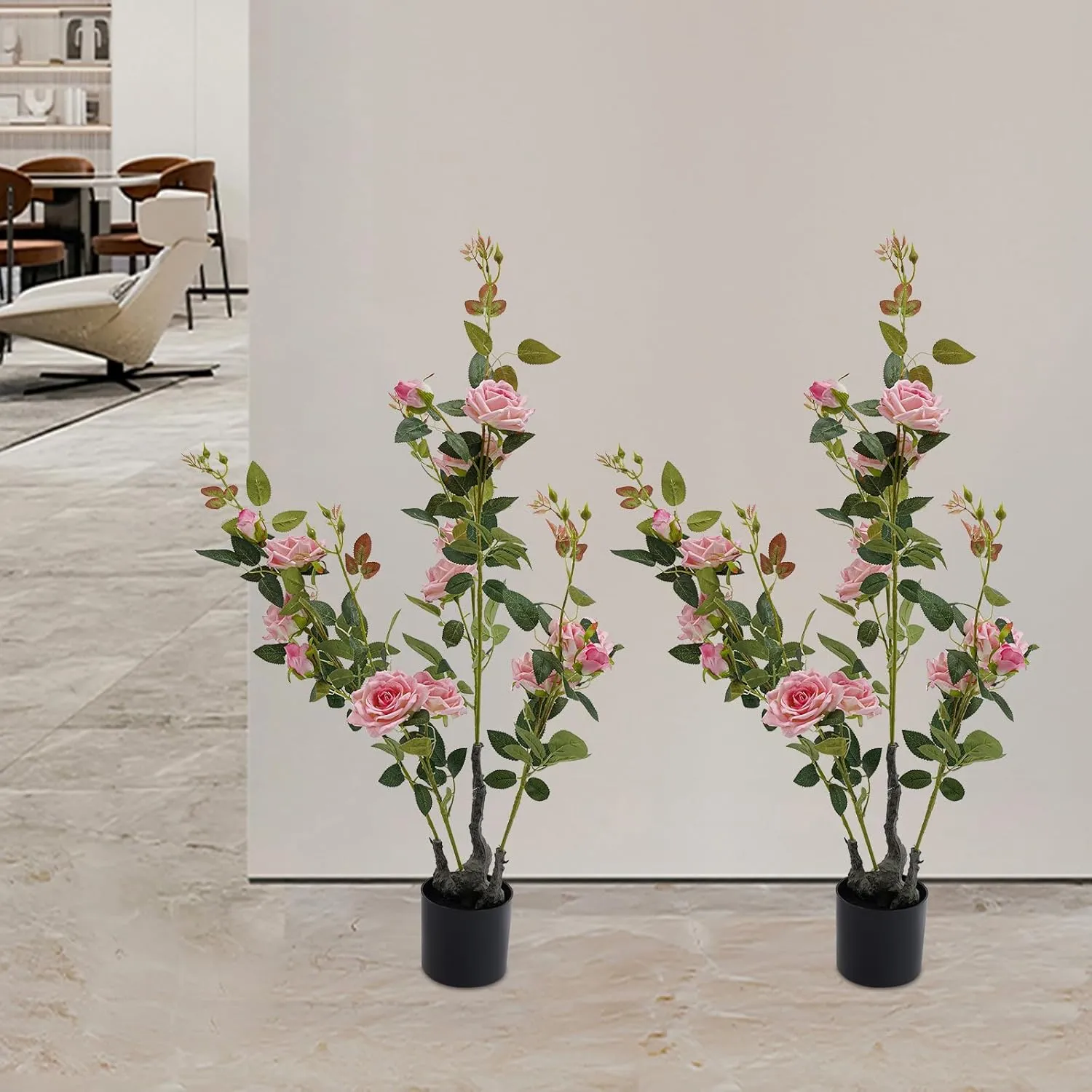 2Pcs Artificial Rose Tree, 35.4 Inch Artificial Outdoor Trees No Maintenance Silk Fabric Faux Indoor Tree with Pink Flowers & Green Leaves for Home Indoor Outdoor Office Modern Decor - Pink
