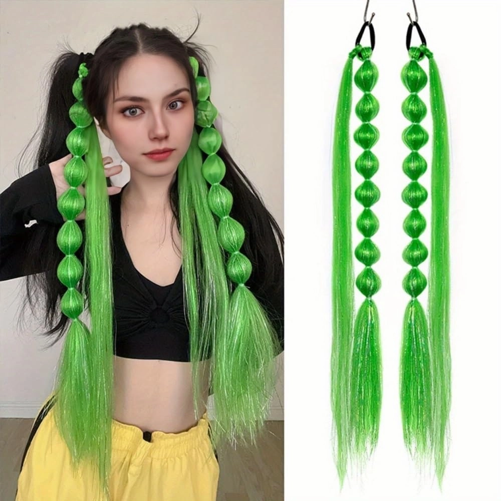 2pcs Bubble Braided Hair Elastics Ponytail Bright Silk Mixed Long Lantern Bubble Synthetic Hair Extension Braids(Pink)