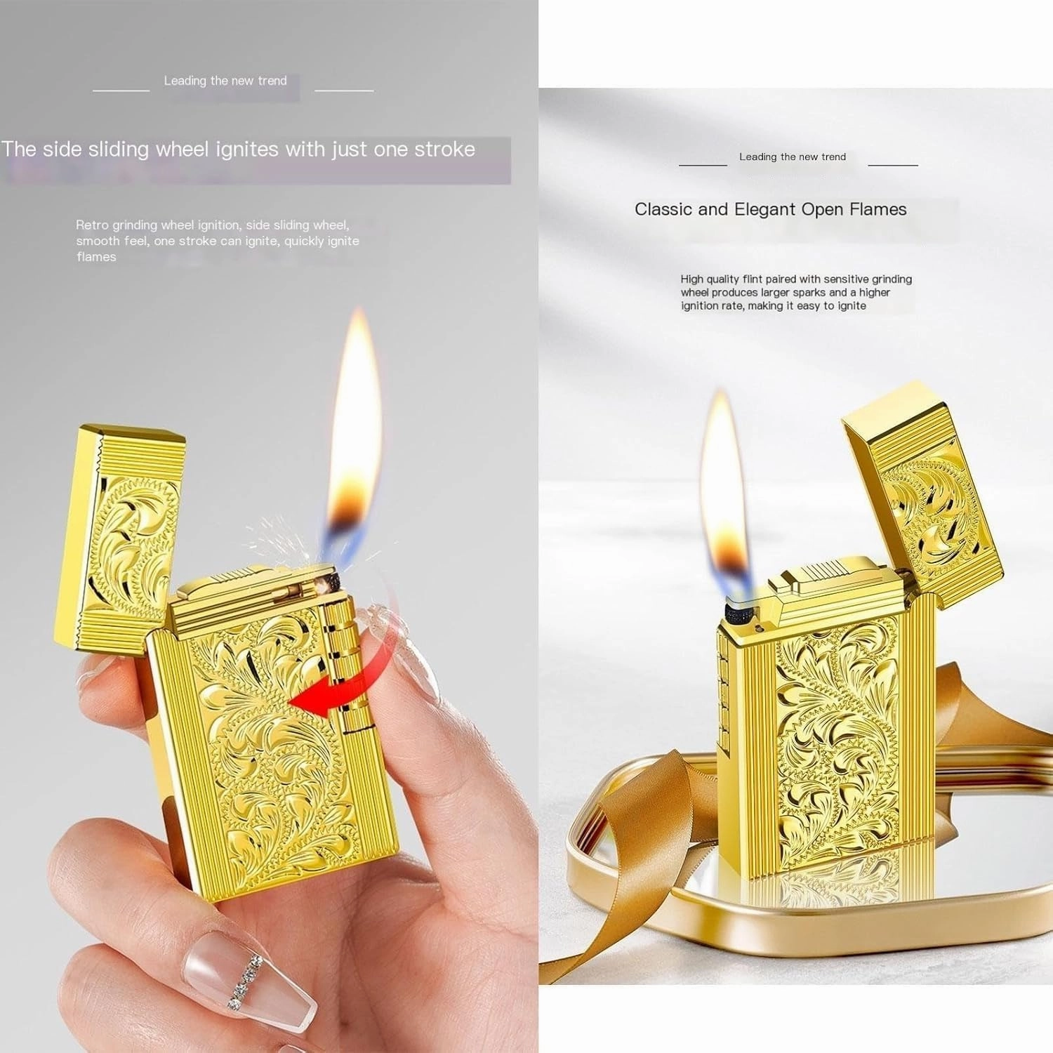 2pcs Classic Loud Sound Lighter Butane Gas Refillable Adjustable Soft Flame Control ，Flip Lid Inflatable Lighters，Metal Side Slip Wheel Vertical Flint Ignition,Gift for Dad and Husband(2pack Gold)