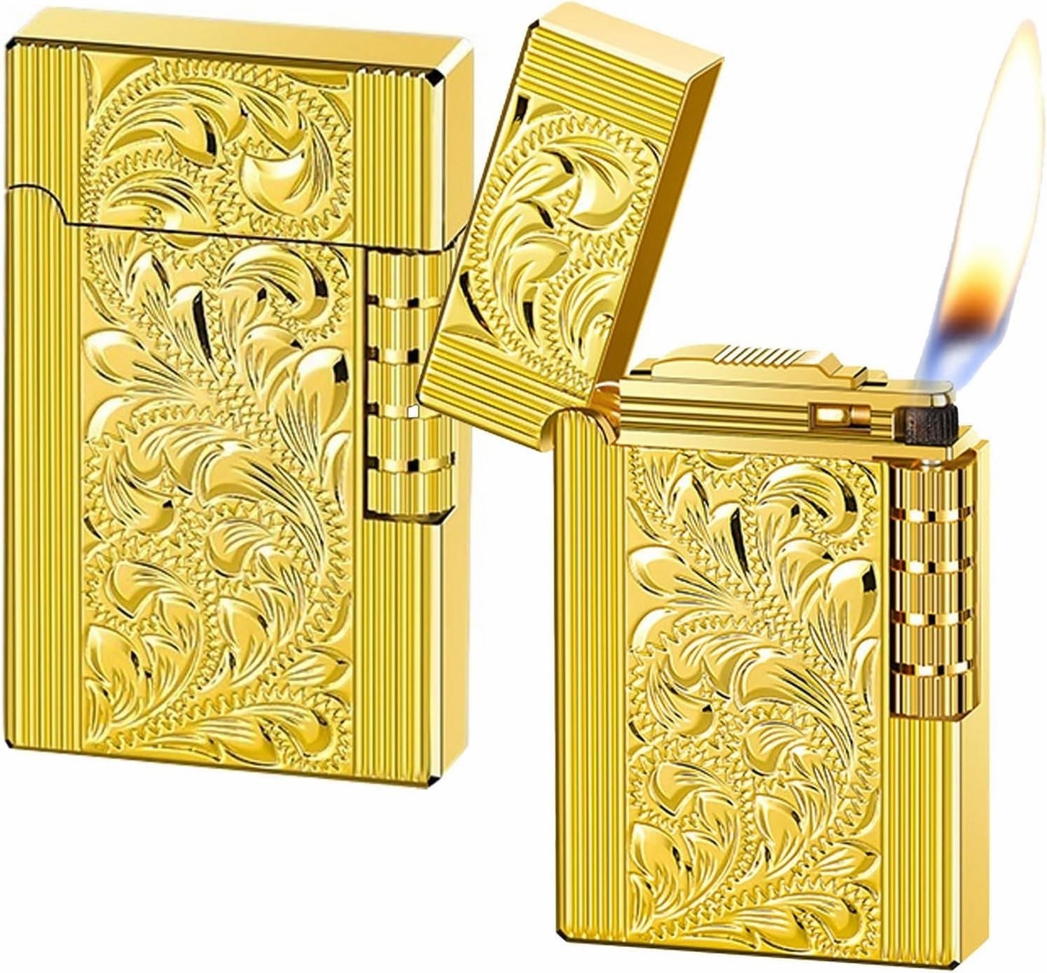 2pcs Classic Loud Sound Lighter Butane Gas Refillable Adjustable Soft Flame Control ，Flip Lid Inflatable Lighters，Metal Side Slip Wheel Vertical Flint Ignition,Gift for Dad and Husband(2pack Gold)