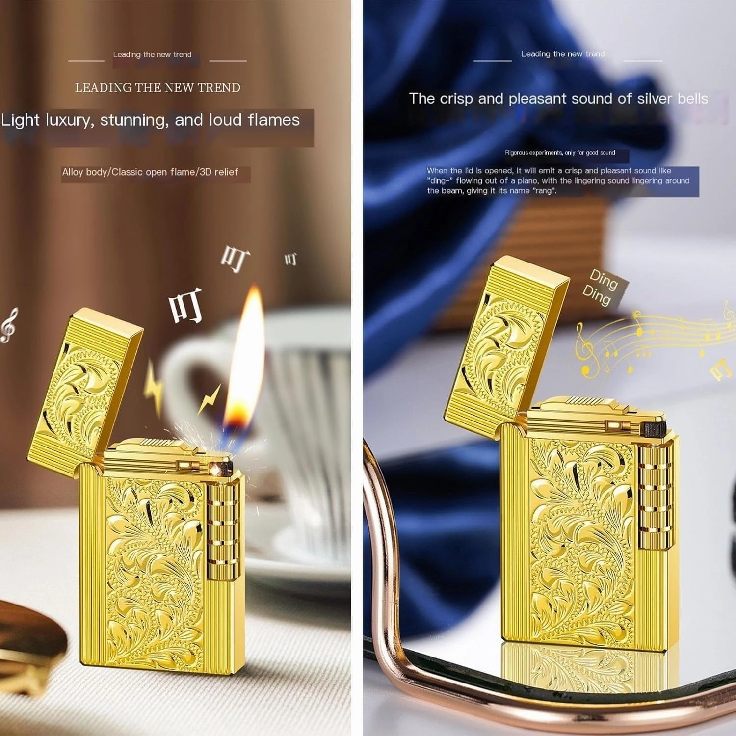 2pcs Classic Loud Sound Lighter Butane Gas Refillable Adjustable Soft Flame Control ，Flip Lid Inflatable Lighters，Metal Side Slip Wheel Vertical Flint Ignition,Gift for Dad and Husband(2pack Gold)