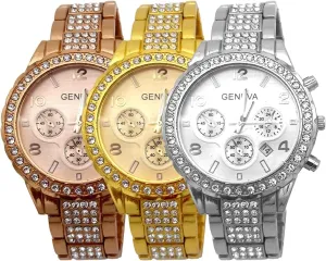 3 Pack Unisex Luxury Pave Floating Crystal Diamonds Digital Calendar Quartz Watch Rose Gold Silver Wrist Watches with Stainless Steel Link Bracelet