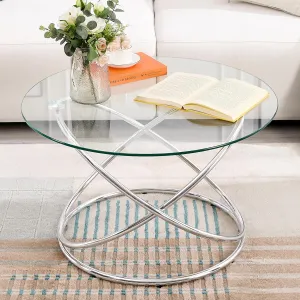 31.5’’ Round Glass Coffee Table, Modern Circle Silver Coffee Table for Living Room with Clear Glass Top Chrome Finish Oval Frame, Silver
