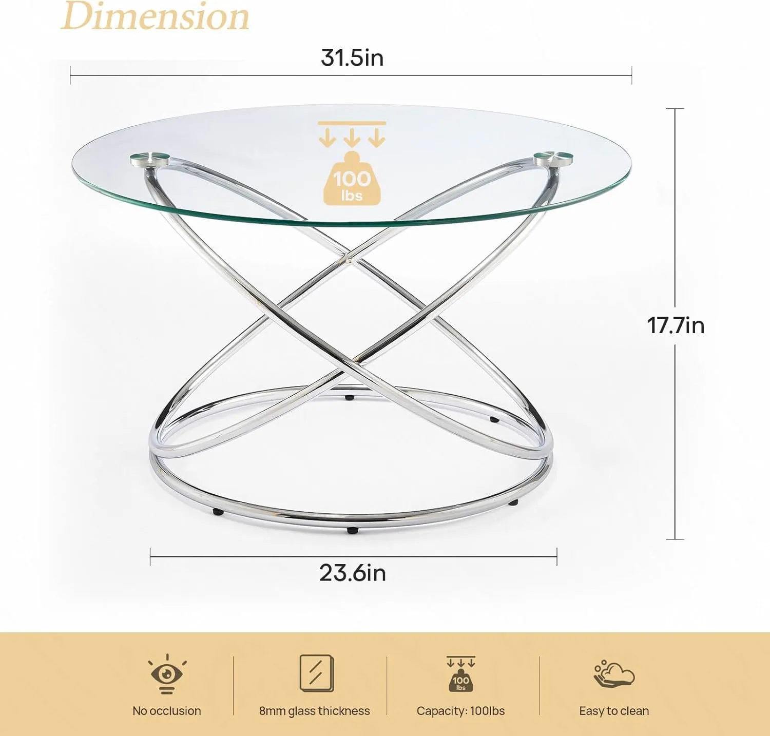 31.5’’ Round Glass Coffee Table, Modern Circle Silver Coffee Table for Living Room with Clear Glass Top Chrome Finish Oval Frame, Silver