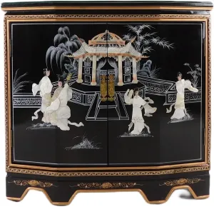 32" W. Hand Painted Black Oriental Cabinet with Two Doors, Shelf, Glass Top and Inlaid with Mother of Pearl