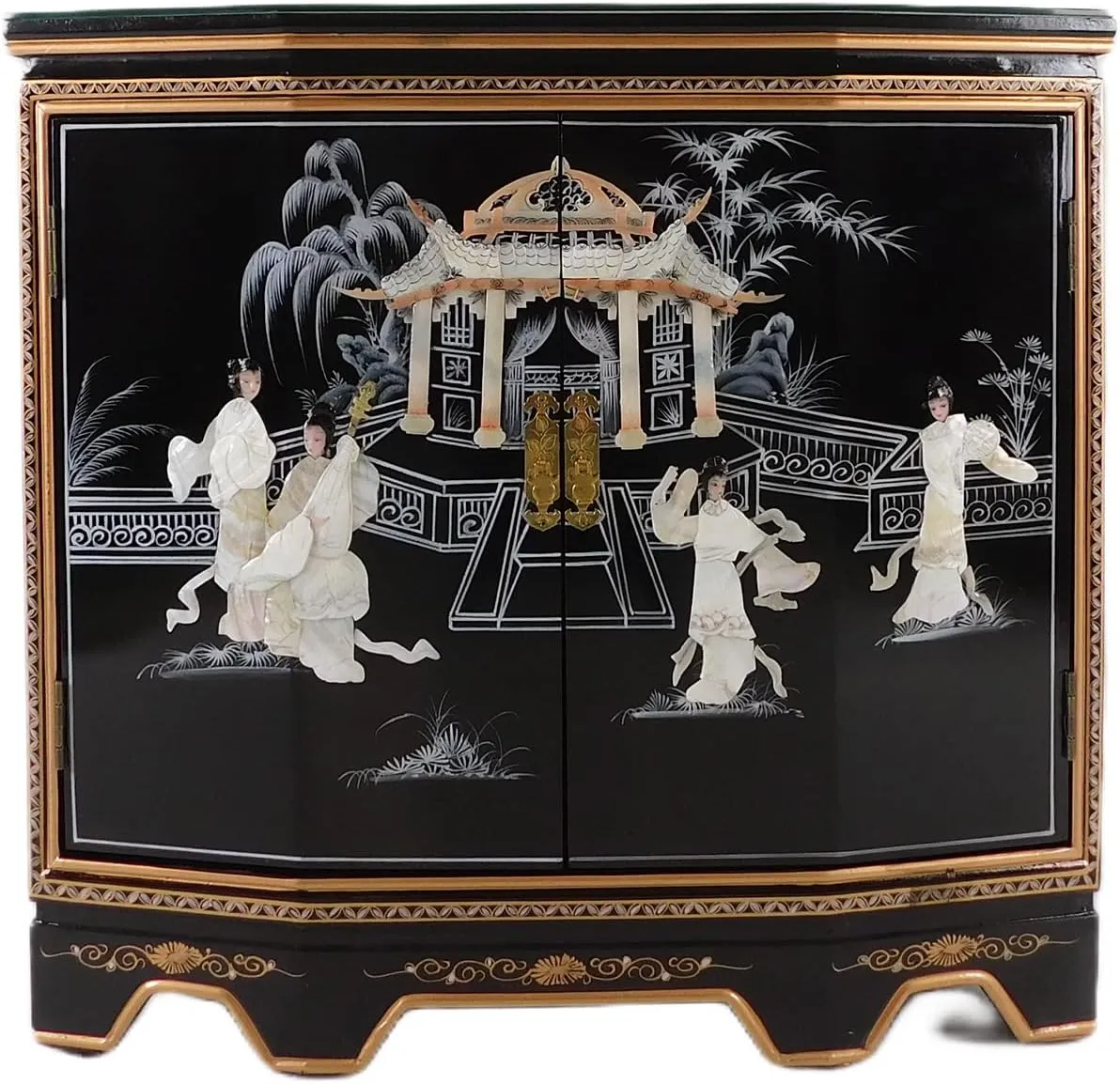 32" W. Hand Painted Black Oriental Cabinet with Two Doors, Shelf, Glass Top and Inlaid with Mother of Pearl