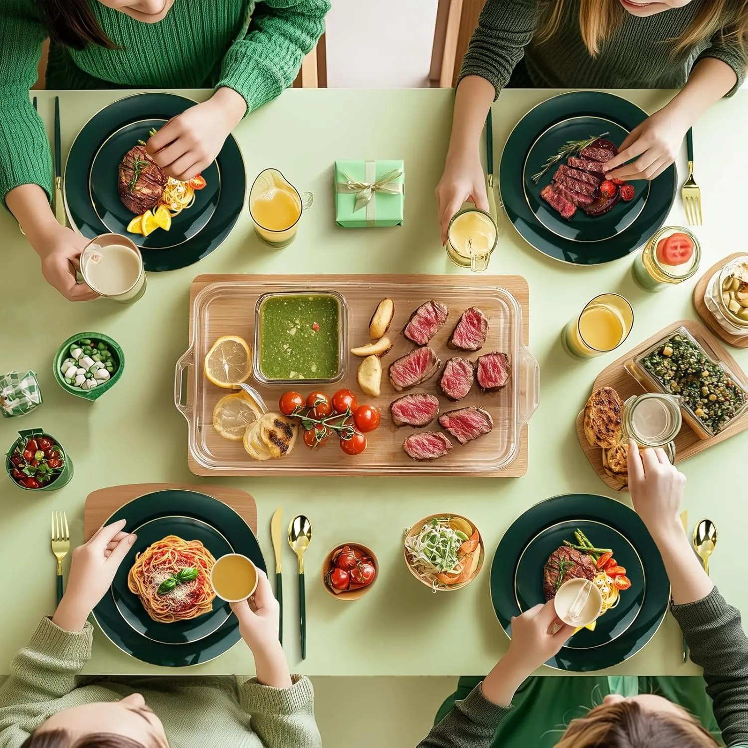 350 Pieces Green Gold Plastic Dinnerware Set, Gold Disposable Plates for Party, Include 100 Green Plates with 150 Plastic Cutlery, 50 Napkins and 50 Cups