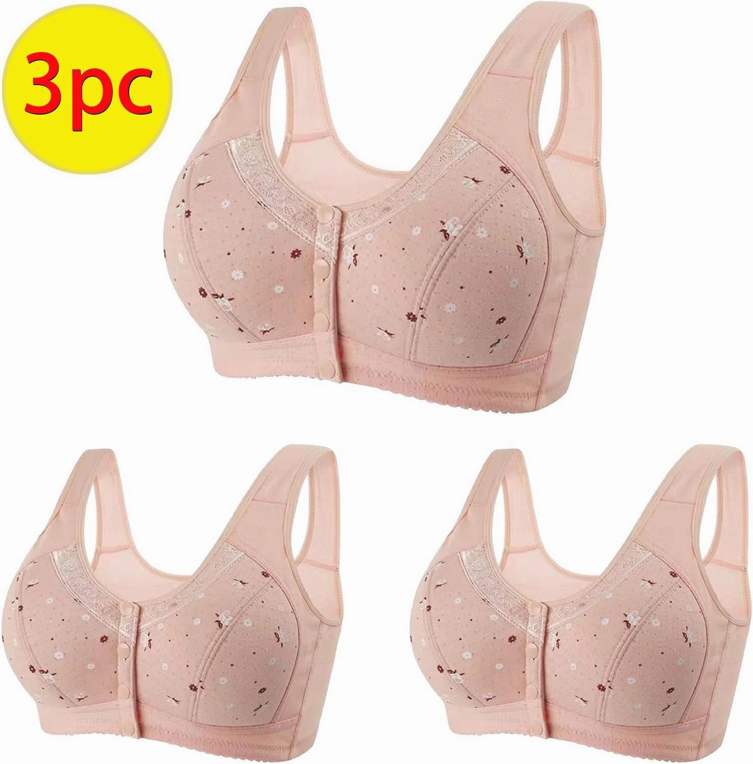 3 Pack T-Shirt Bra Older Womens Daisy Bras Front Closure Comfortable Bralettes