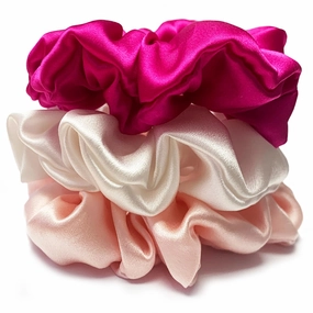 3 Pcs Satin Scrunchies for Women - No Crease Hair Ties Gifts for Teenage Girls Scrunchies For All Hair Types and Textures, Perfect for Day or Night - 3 Pcs, Assorted (Hot Pink/Soft Pink/White) ﻿