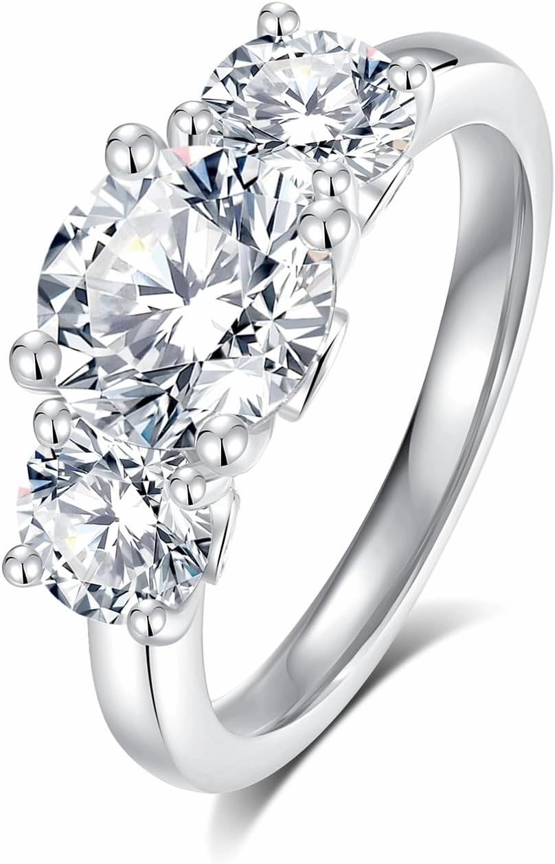 3 stone Moissanite Wedding Bands for Women,3.1CTTW Round cut D Color VVS1 promise anniversary Engagement Rings,18K White Gold Plated S925 Sterling Silver Valentine's Day Gift