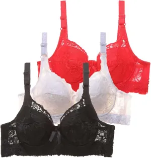 3PC Women's Push Up Lace Bras Full-Coverage Bralettes with Underwire Soft Comfort Support Lift Everyday Bra Pack of 3