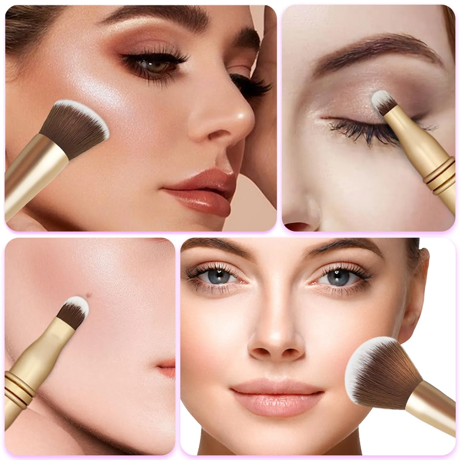 4 in 1 Makeup Brush Set, Travel Makeup Brushes with Case, Foundation Brush/Blush Brush, Eyeshadow Powder Brush,Concealer Brush (gold-silicon brush holder)