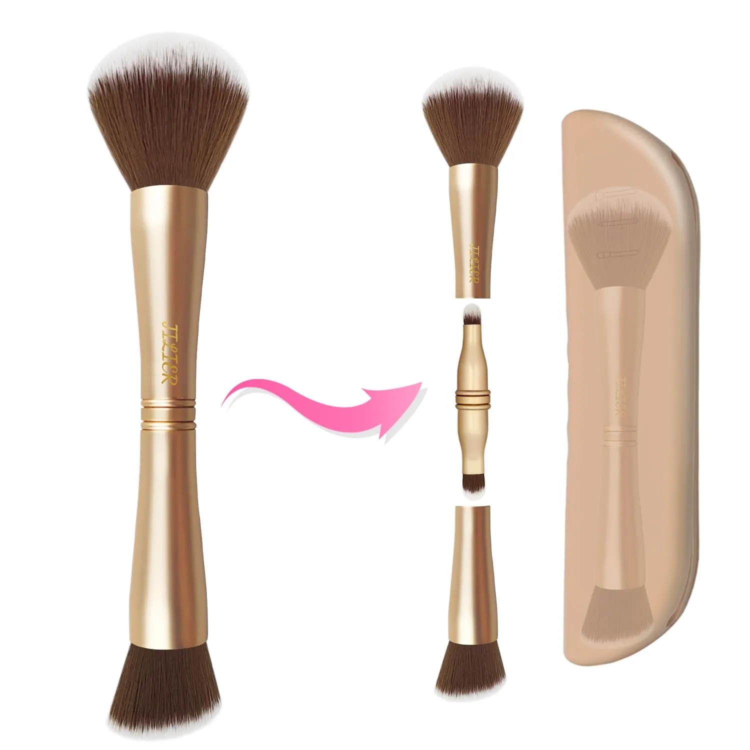 4 in 1 Makeup Brush Set, Travel Makeup Brushes with Case, Foundation Brush/Blush Brush, Eyeshadow Powder Brush,Concealer Brush (gold-silicon brush holder)