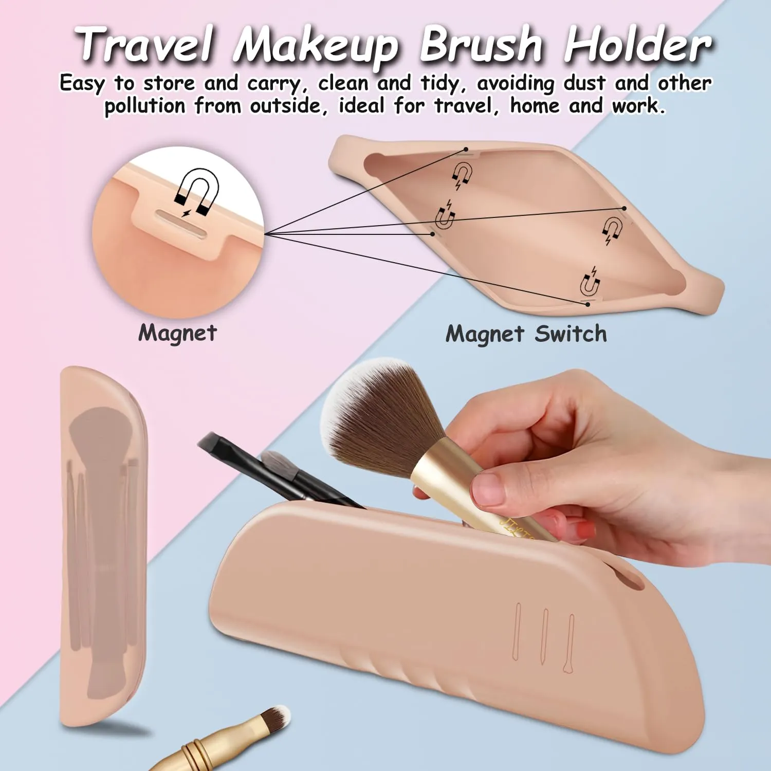 4 in 1 Makeup Brush Set, Travel Makeup Brushes with Case, Foundation Brush/Blush Brush, Eyeshadow Powder Brush,Concealer Brush (gold-silicon brush holder)