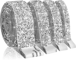 4 Rolls 8.8 Yards Self Adhesive Crystal Rhinestone Ribbon Silver DIY Bling Diamond Rhinestone Strips for Arts Crafts Wedding Cakes Birthday Decorations