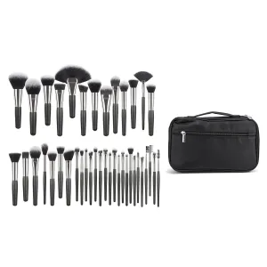 40-Piece Makeup Brush Set with Soft Synthetic, Wooden Handles, and Aluminum Tubes for Foundation, Concealer, Blush, Eyeshadow, Lip Application, Includes Storage Bag