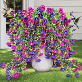 4 Pack Fade-Proof UV-Resistant Artificial Hanging Flowers Morning Glory Garland - Double Purple Fake Flowers for Outdoor & Patio Decor, All-Season Wedding Floral Backdrops (Spring/Summer Ready)
