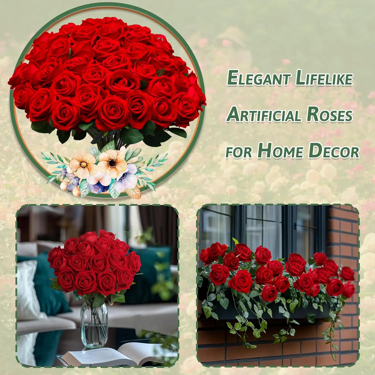50 PCS Fake Red Roses, Artificial Red Flowers Bulk Realistic Silk Faux Rose with Stems for Wedding Decoration Anniversary Bridal Bouquet DIY Floral Arrangement Romantic Home Decor Gifts