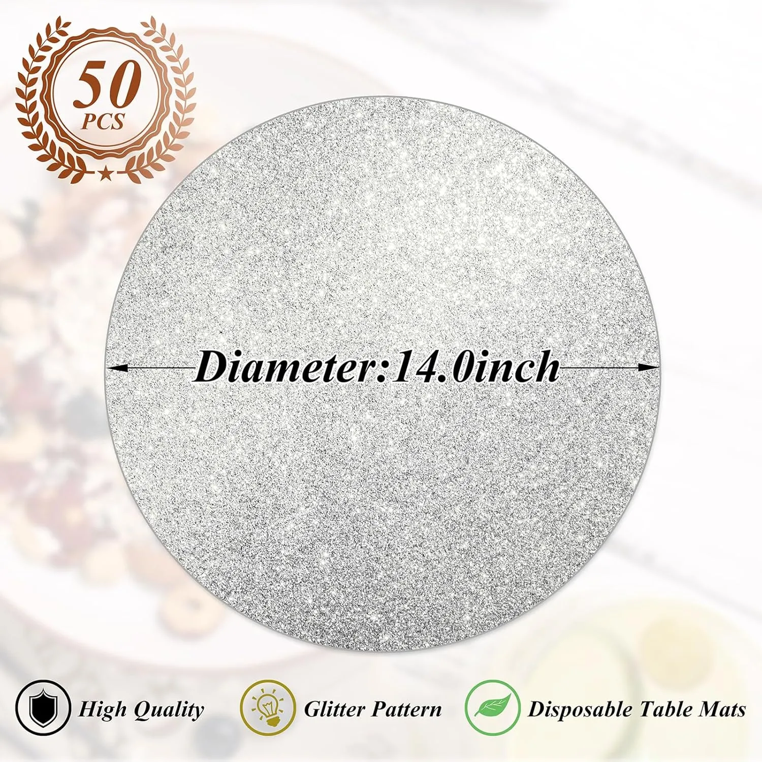 50 Pieces Silver Glitter Paper Place Mats Sparkle 14'' Round Disposable Table Mats Silver Sequin Doilies Decorative Placemats for Wedding Banquet Party Home Dining Tableware