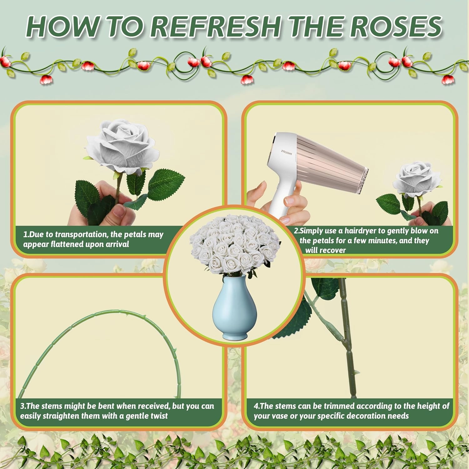 50 PCS Fake White Roses, Artificial White Flowers Bulk Realistic Silk Faux Roses with Stems for Wedding Decorations Table Centerpieces Bridal Bouquet DIY Floral Arrangement Event Party Home Decor