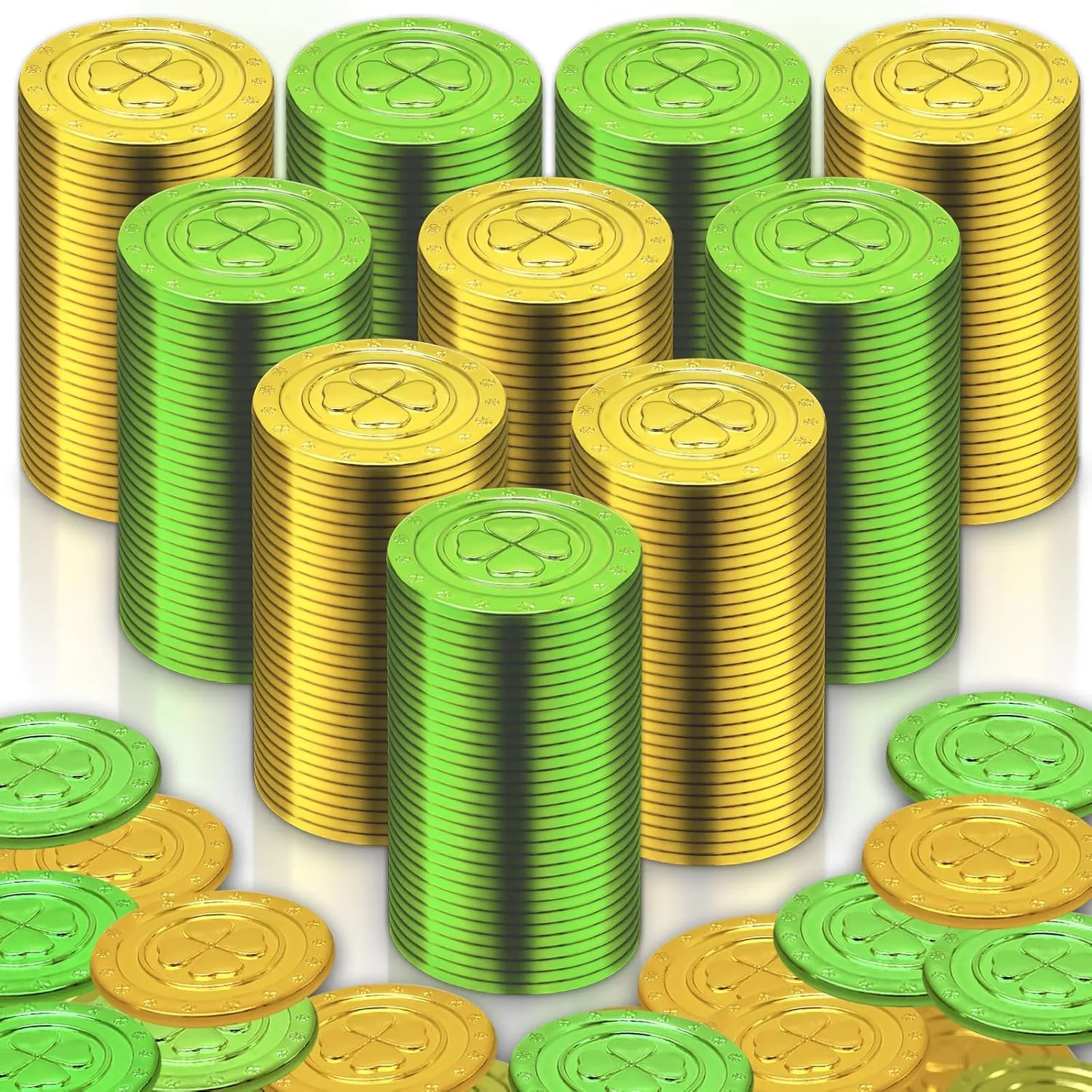 520 Pieces St. Patrick's Day Coins Plastic Clover Good Luck Coins Green and Gold Shamrock Coins for St. Patrick's Day Table Decorations Party Supplies