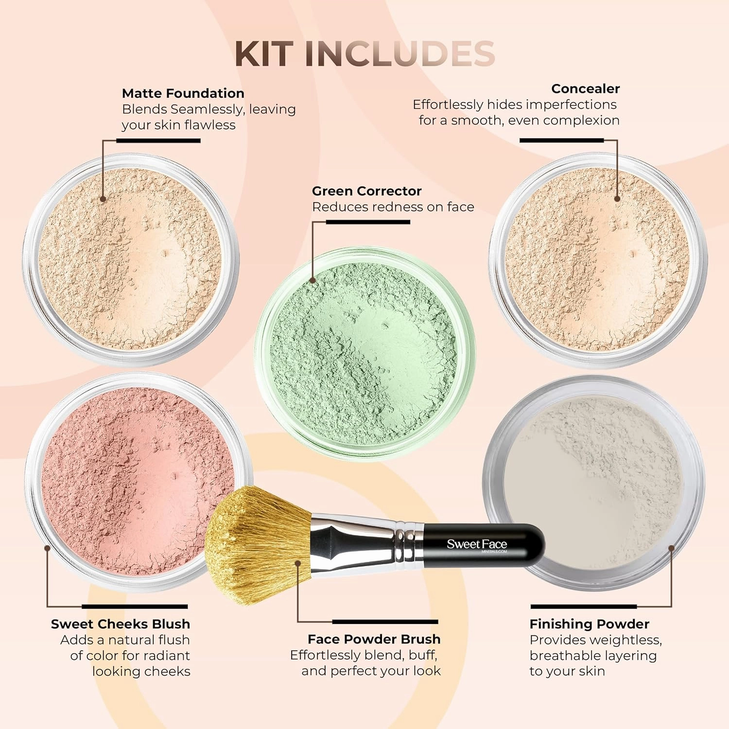 5pc KIT w/FACE Brush (FAIR 2) Mineral Makeup Set Full Size Powder Bare Skin Matte Foundation