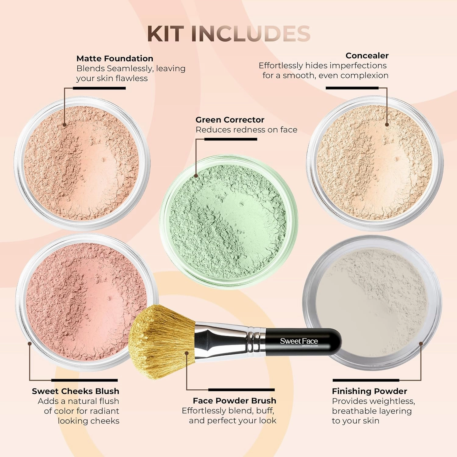 5pc KIT w/FACE BRUSH (PINK BISQUE) Mineral Makeup Set Full Size Powder Bare Skin Matte Foundation