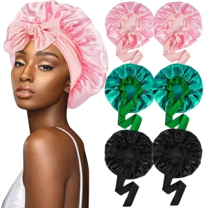 6 Pcs Silk Night Cap Set, Large Satin Bonnet with Tie Band for Women Curly Hair, Black, Pink, Light Green