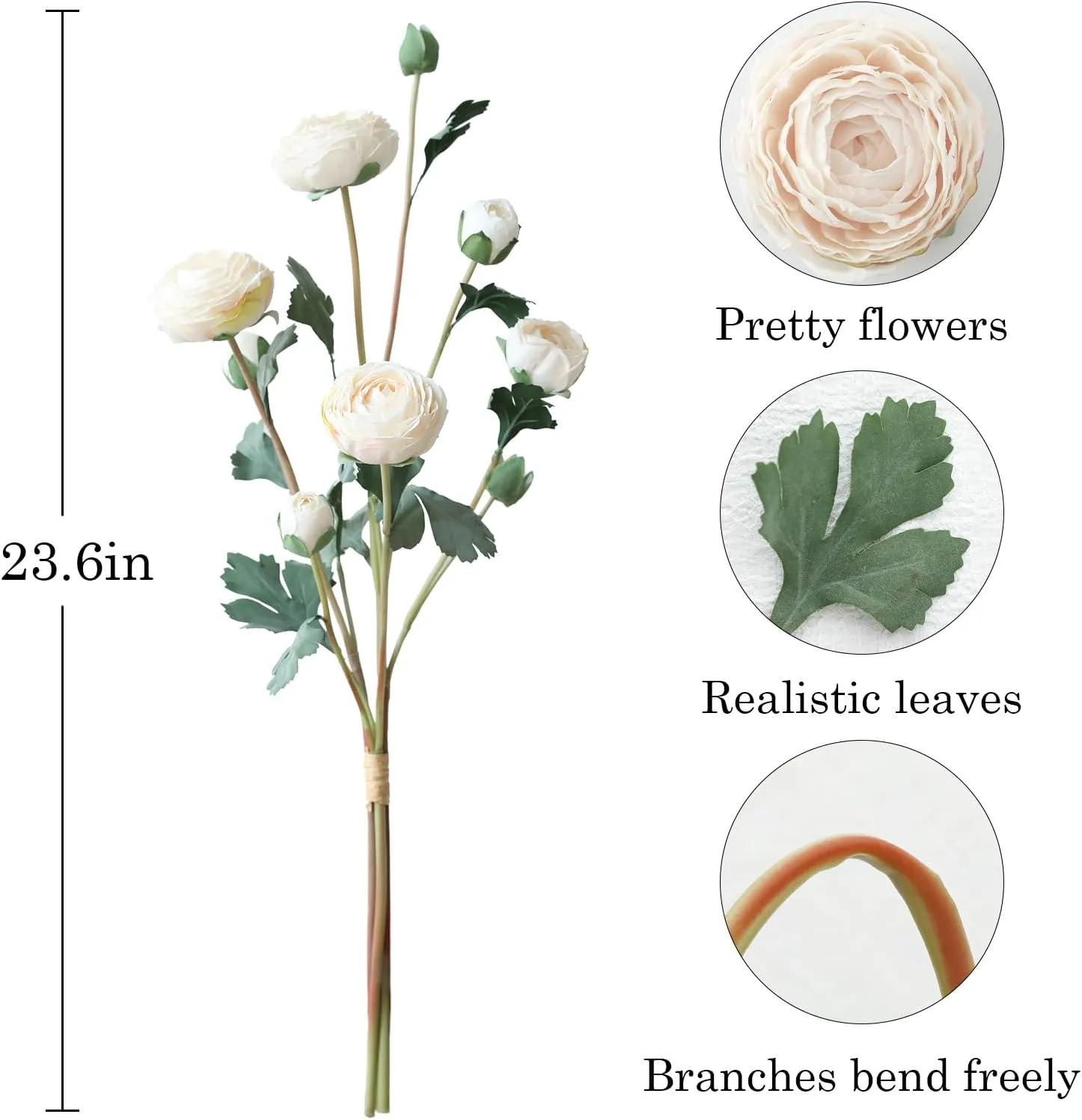 6Pcs Realistic Silk White Ranunculus Artificial Flowers Long Stems, 23.6" Tall Fake Flowers Faux Flowers Suit for Year-Round Home Decoration, Wedding, Bridal Bouquets, Office