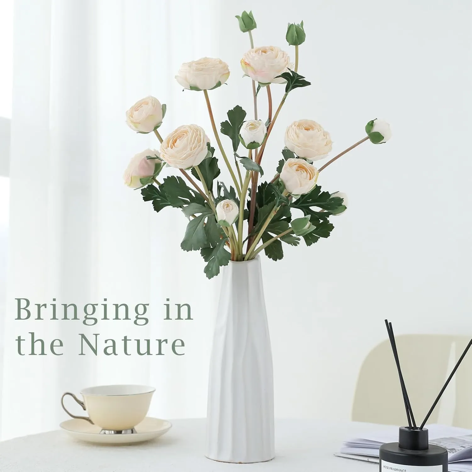 6Pcs Realistic Silk White Ranunculus Artificial Flowers Long Stems, 23.6" Tall Fake Flowers Faux Flowers Suit for Year-Round Home Decoration, Wedding, Bridal Bouquets, Office