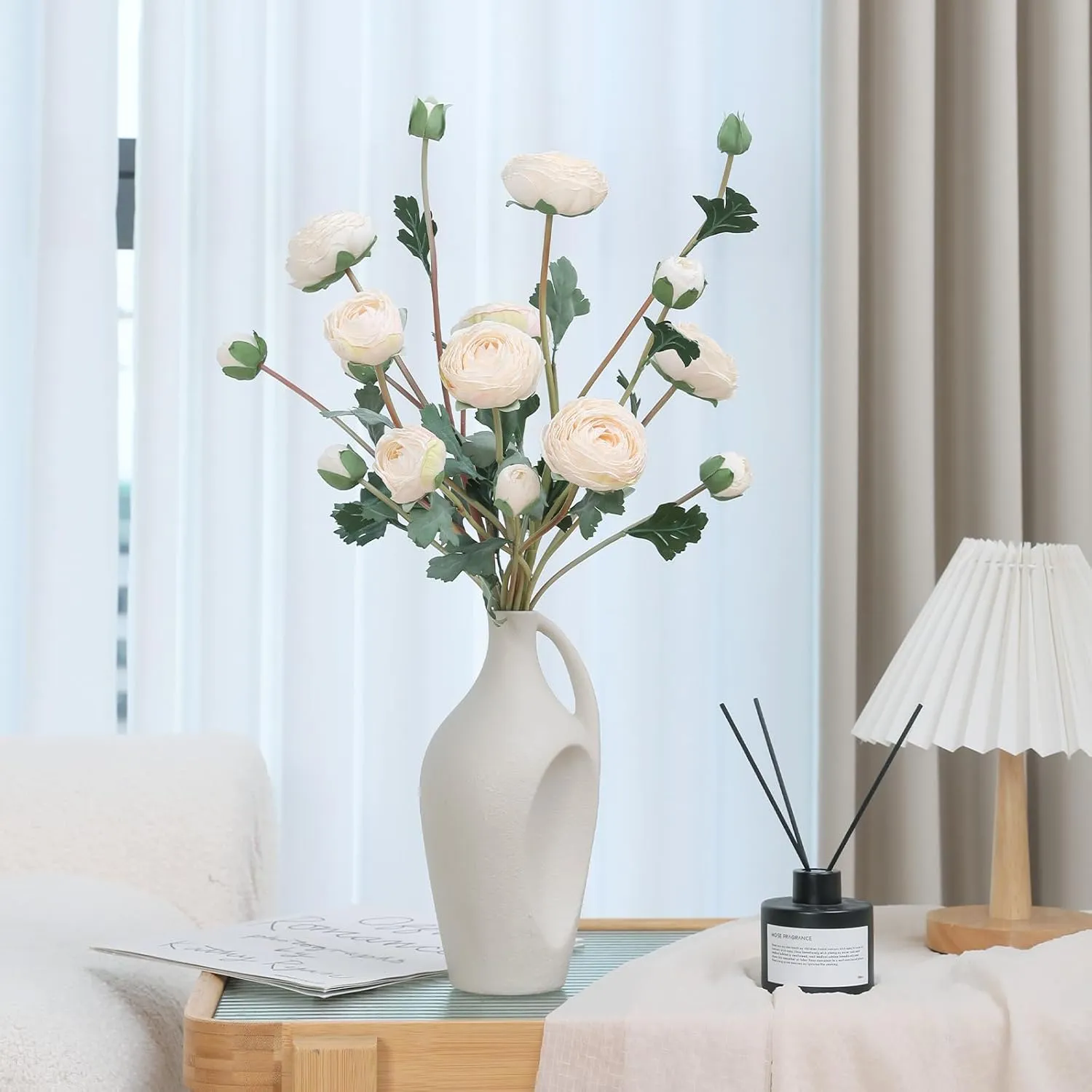 6Pcs Realistic Silk White Ranunculus Artificial Flowers Long Stems, 23.6" Tall Fake Flowers Faux Flowers Suit for Year-Round Home Decoration, Wedding, Bridal Bouquets, Office