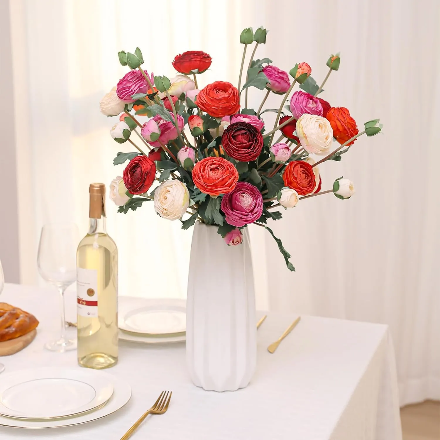 6Pcs Realistic Silk White Ranunculus Artificial Flowers Long Stems, 23.6" Tall Fake Flowers Faux Flowers Suit for Year-Round Home Decoration, Wedding, Bridal Bouquets, Office