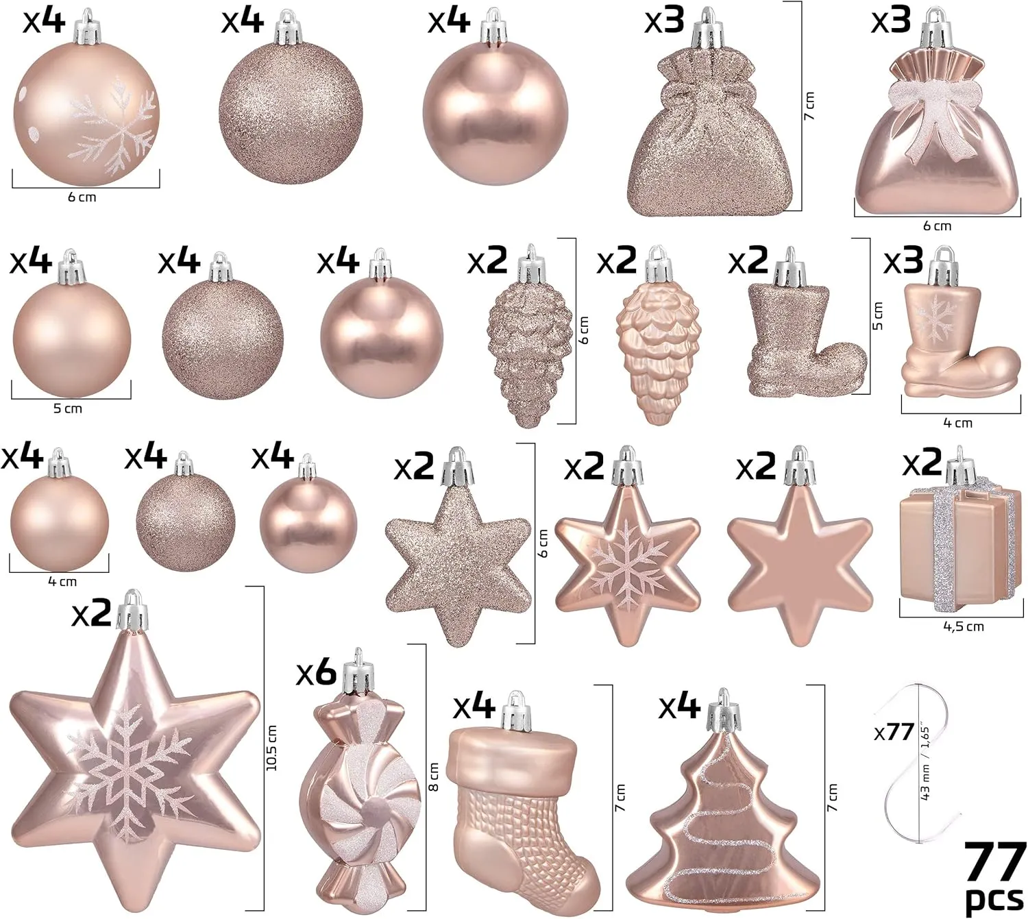 77-Piece Christmas Tree Ornaments - Shatterproof - Rose Gold/Silver