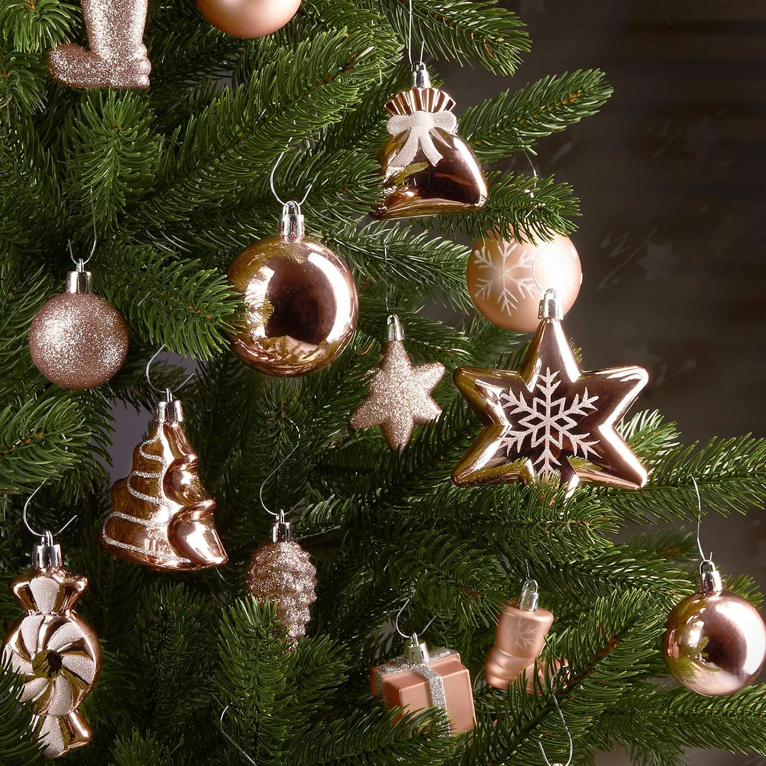 77-Piece Christmas Tree Ornaments - Shatterproof - Rose Gold/Silver