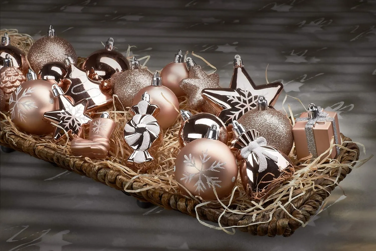77-Piece Christmas Tree Ornaments - Shatterproof - Rose Gold/Silver