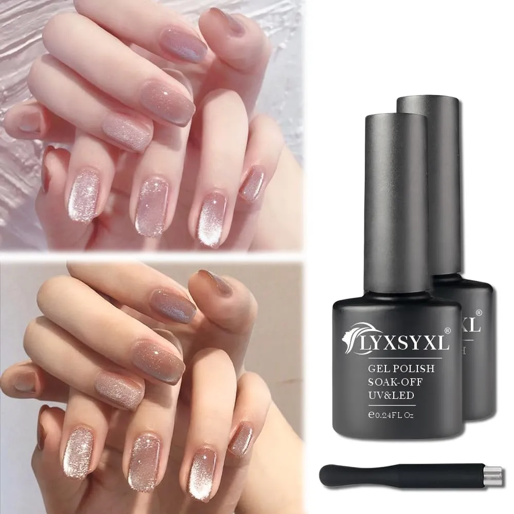 7ml Crystal Cat Eye Gel Nail Polish Magnetic Nail Polish Set Bright Silver UV Gel Polish Shiny Diamond Glitter Gel with Magnet Stick (2PCS-pink Beige) 1.0 Fl Oz 1