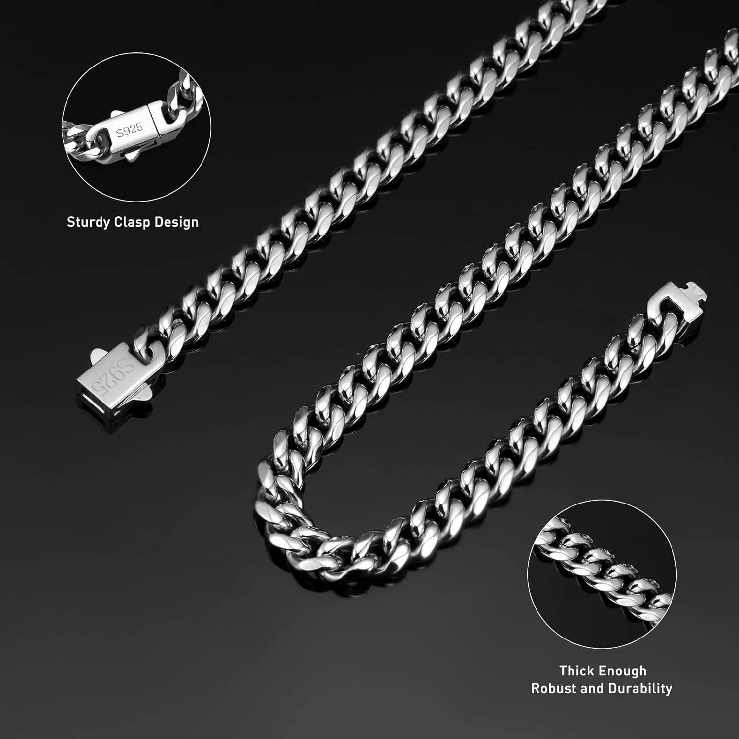 7mm Silver Chain for Men Miami Cuban Link Mens Chain,925 Sterling Silver/14K Gold Plated and 316L Stainless Steel Silver/Gold Chains for Men Necklace