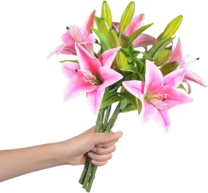8 Bundlesof Artificial Tiger Lily Bouquet Lilies Flower with Rods 24 Heads Silk Lily Bouquet - for Home Hotel Flower Arrangement Party Decor (Pink)