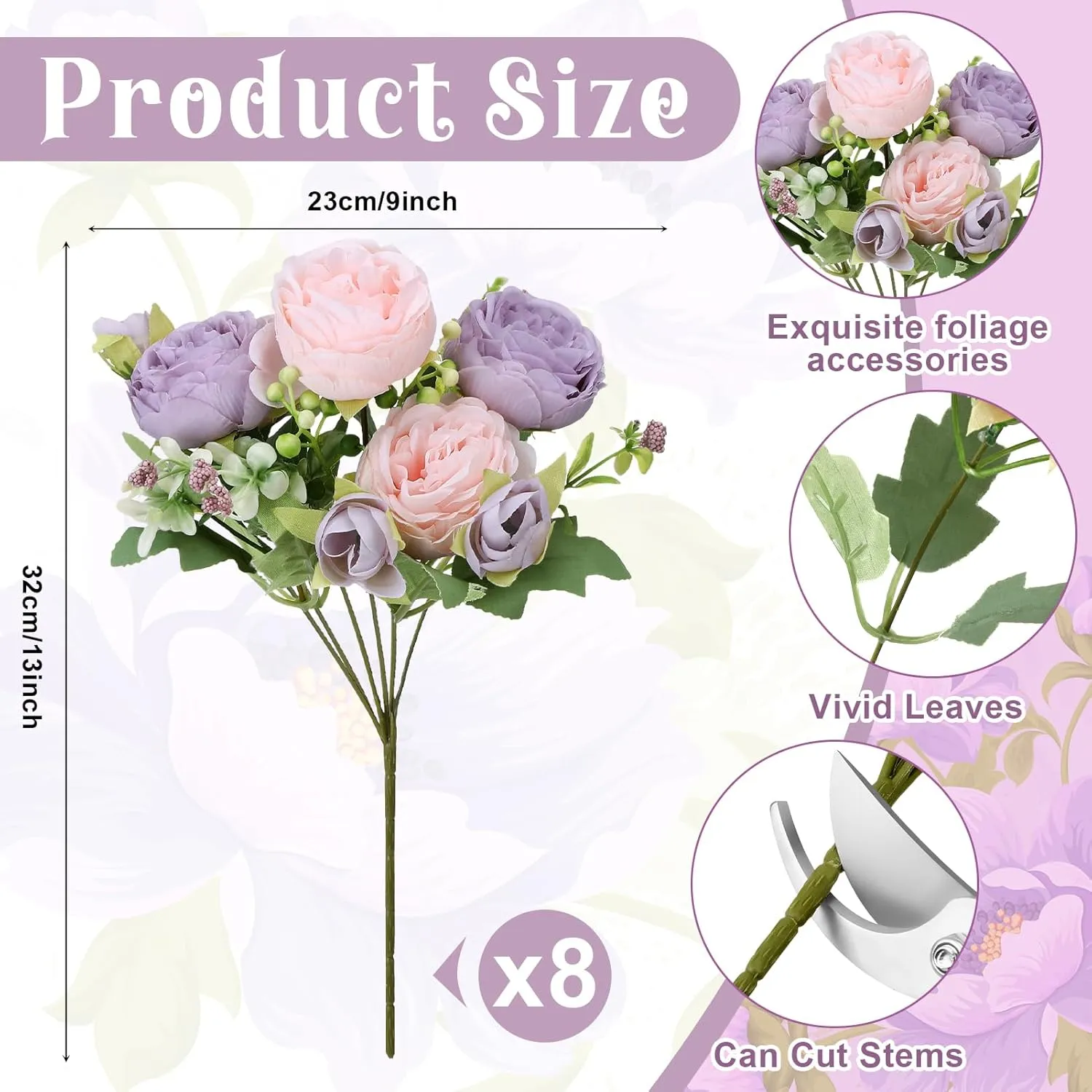 8 Pack Pink, Purple Peonies Artificial Flowers, Fake Silk Hydrangea Bouquet for Bridal Wedding Home Table Decor Reusable Dining Opening Ceremony Birthday Arrangement Faux Floral