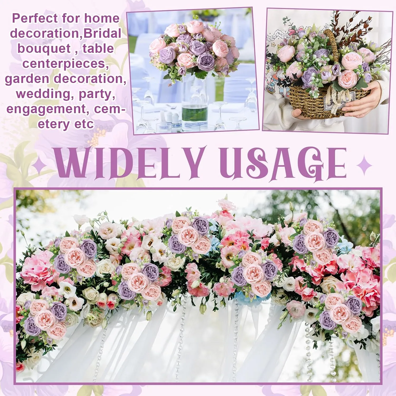 8 Pack Pink, Purple Peonies Artificial Flowers, Fake Silk Hydrangea Bouquet for Bridal Wedding Home Table Decor Reusable Dining Opening Ceremony Birthday Arrangement Faux Floral