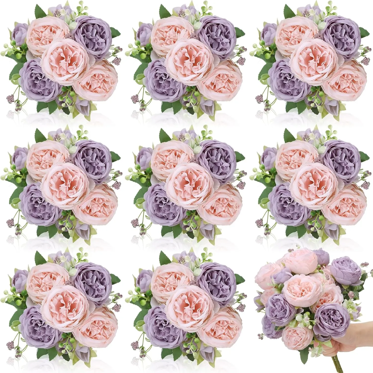 8 Pack Pink, Purple Peonies Artificial Flowers, Fake Silk Hydrangea Bouquet for Bridal Wedding Home Table Decor Reusable Dining Opening Ceremony Birthday Arrangement Faux Floral