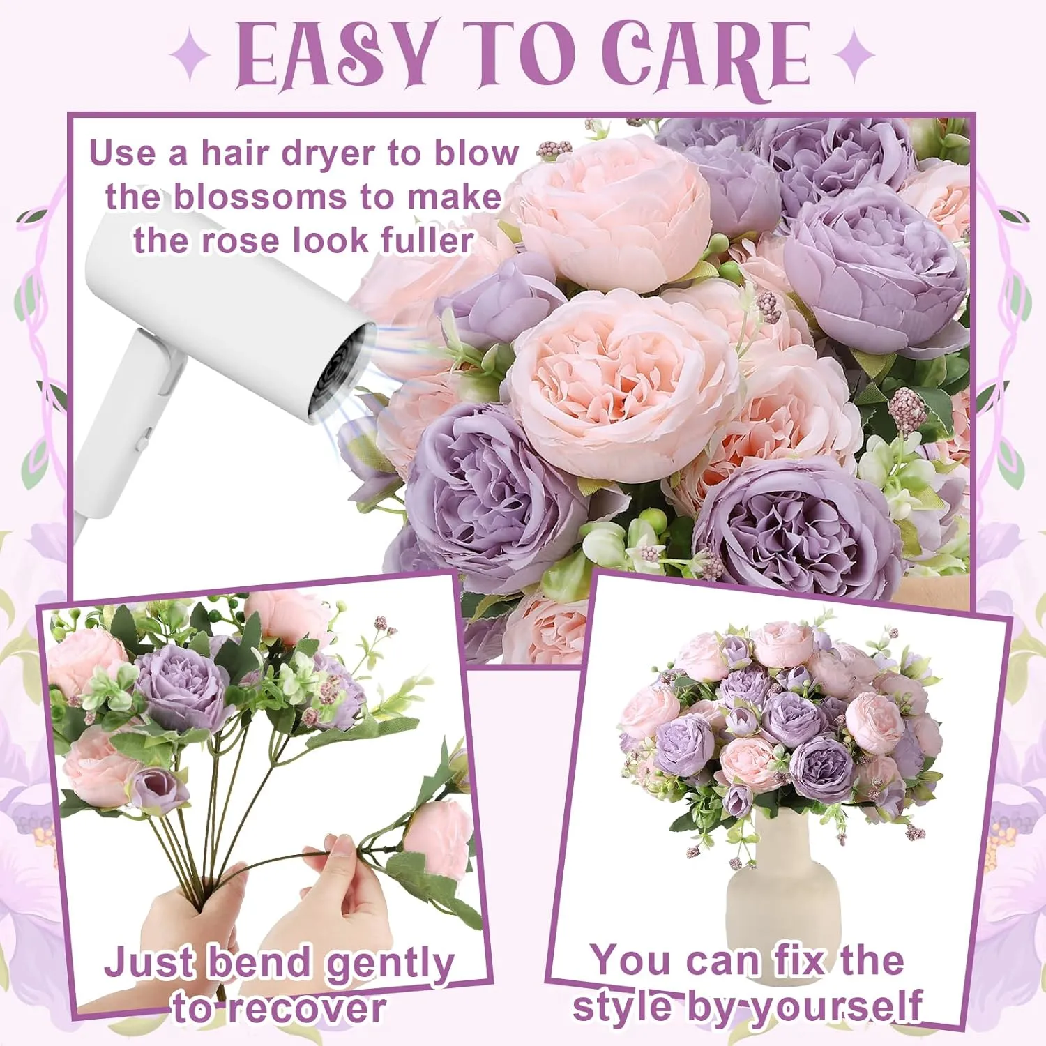 8 Pack Pink, Purple Peonies Artificial Flowers, Fake Silk Hydrangea Bouquet for Bridal Wedding Home Table Decor Reusable Dining Opening Ceremony Birthday Arrangement Faux Floral