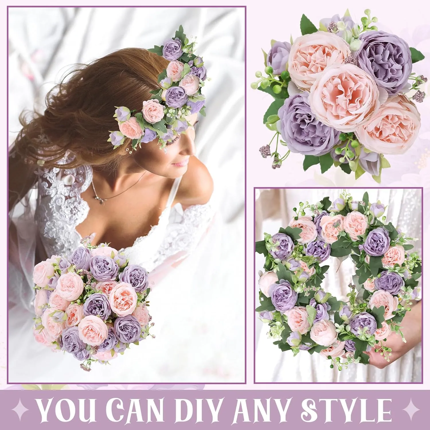 8 Pack Pink, Purple Peonies Artificial Flowers, Fake Silk Hydrangea Bouquet for Bridal Wedding Home Table Decor Reusable Dining Opening Ceremony Birthday Arrangement Faux Floral