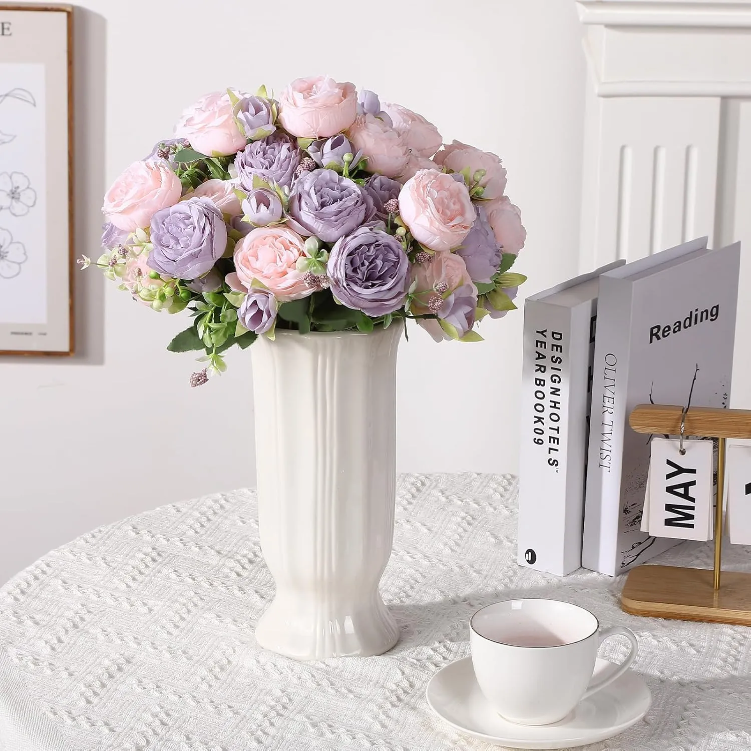 8 Pack Pink, Purple Peonies Artificial Flowers, Fake Silk Hydrangea Bouquet for Bridal Wedding Home Table Decor Reusable Dining Opening Ceremony Birthday Arrangement Faux Floral