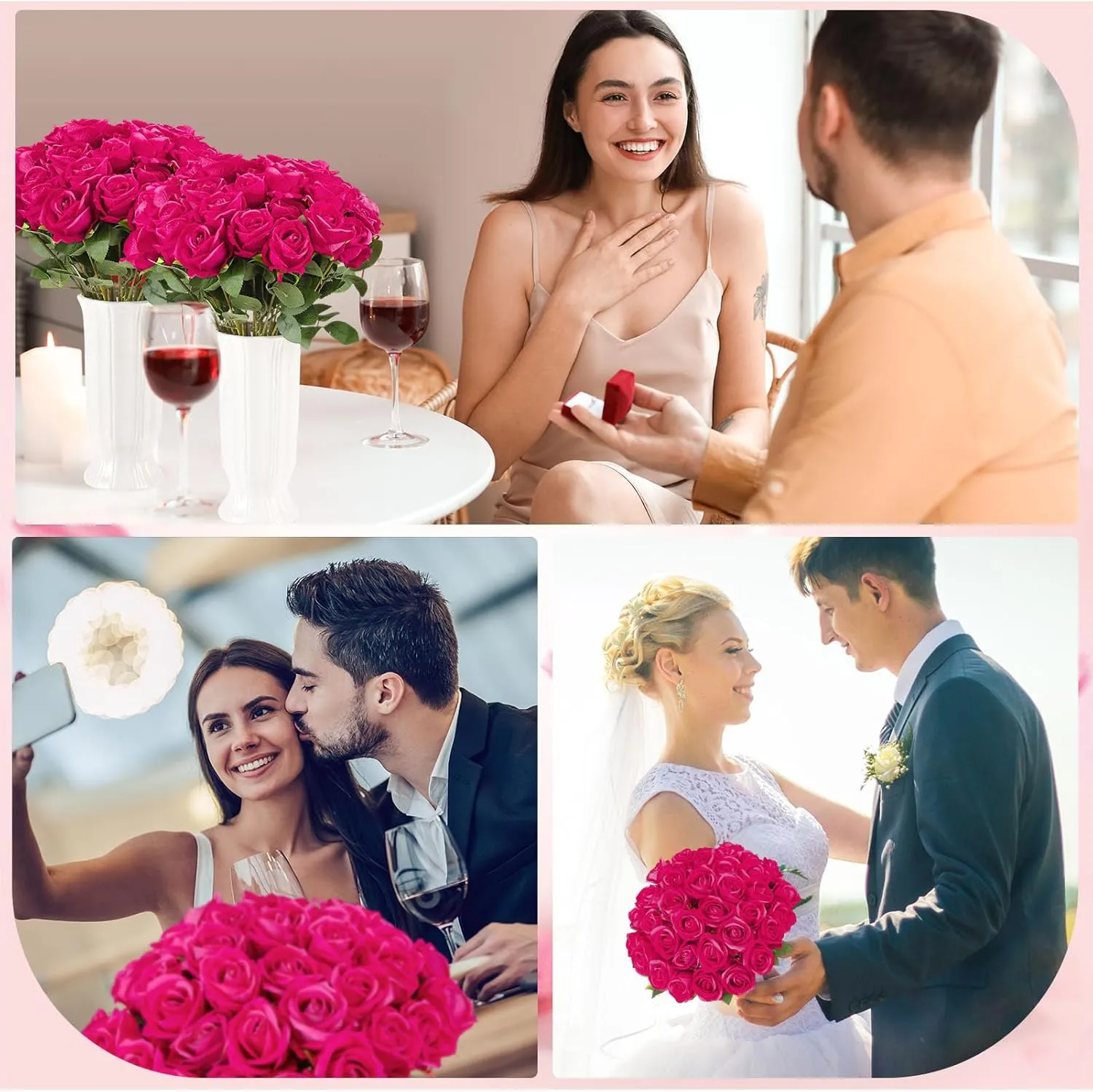 80 Pcs Roses Artificial Flowers,Silk Hot Pink Rose Artificial Flowers,Fake Pink Roses Petals Long Stem Roses for Wedding Bouquet Home Party Decor