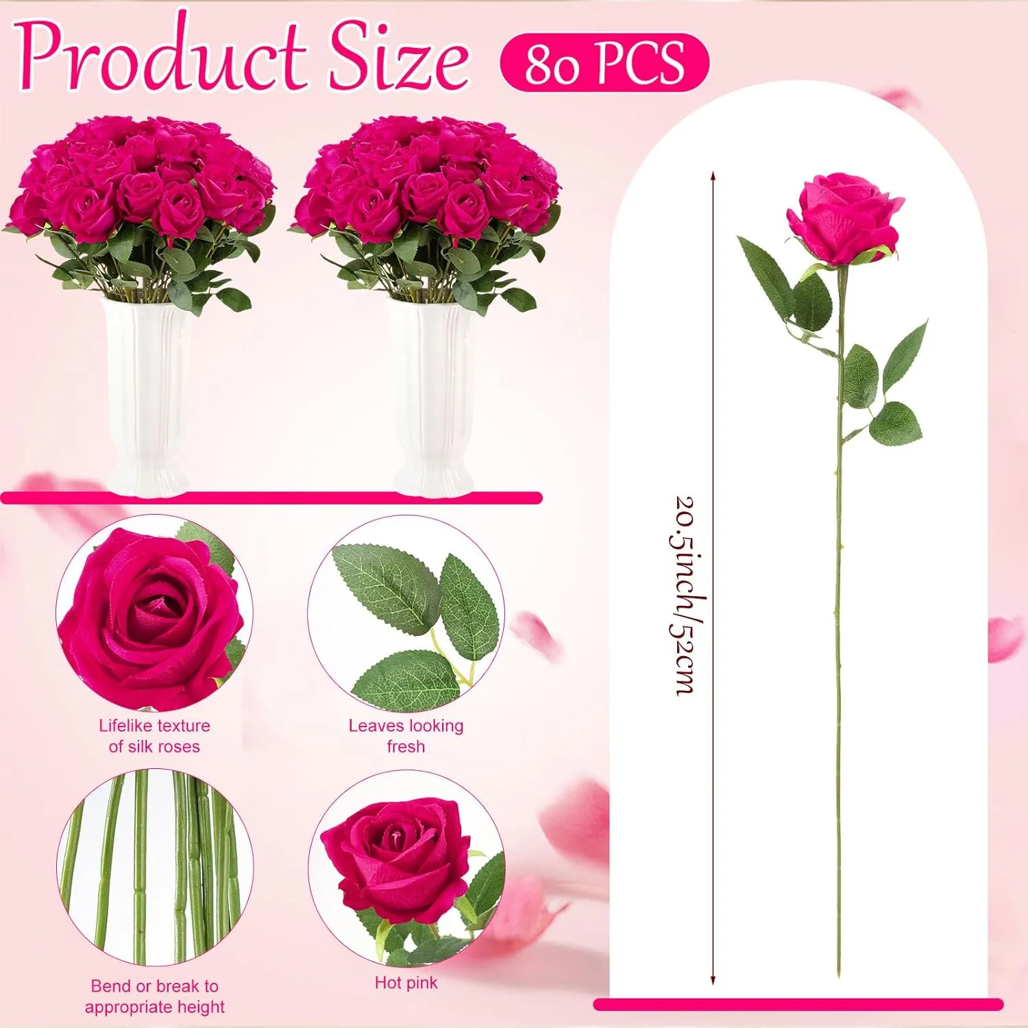 80 Pcs Roses Artificial Flowers,Silk Hot Pink Rose Artificial Flowers,Fake Pink Roses Petals Long Stem Roses for Wedding Bouquet Home Party Decor